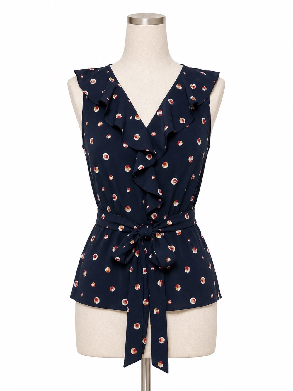 Max Studio Navy Polka Dot Ruffle Peplum Top L | Tie Waist V Neck Blouse